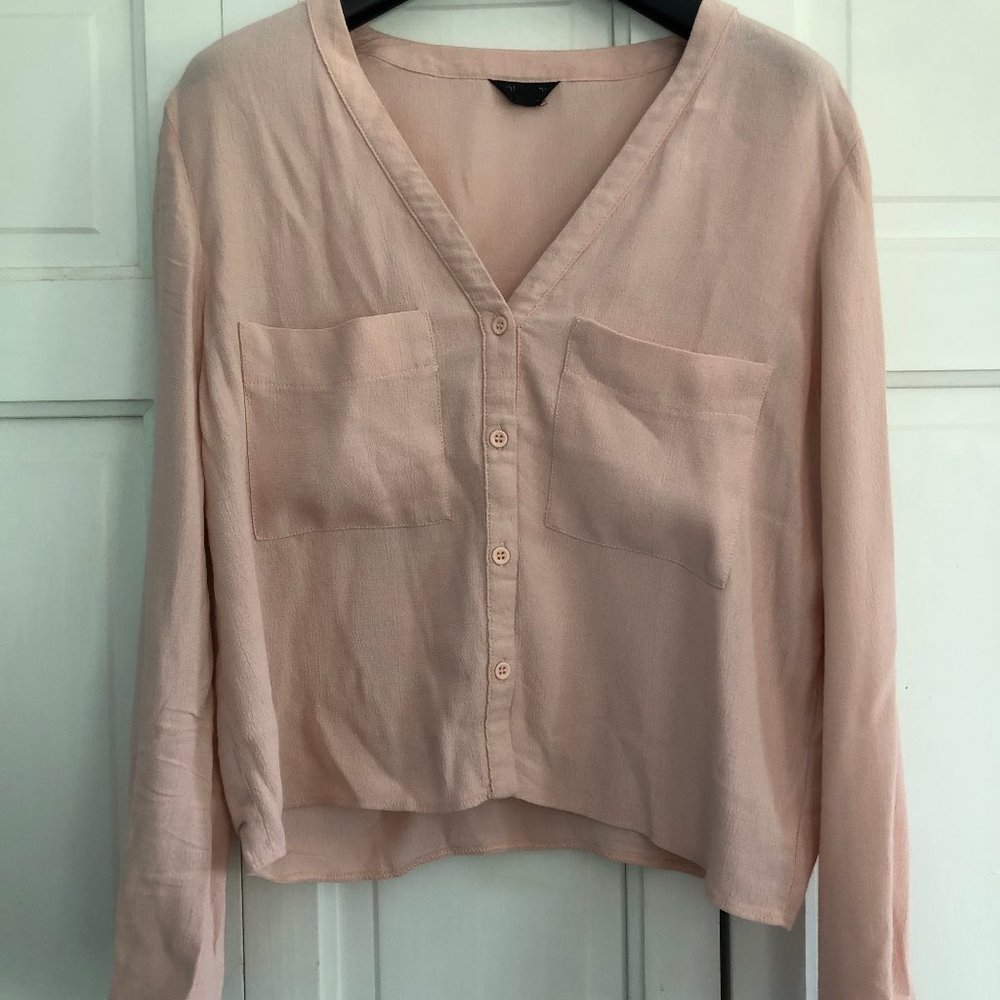 TOPSHOP Pink Long Sleeve V-Neck Blouse